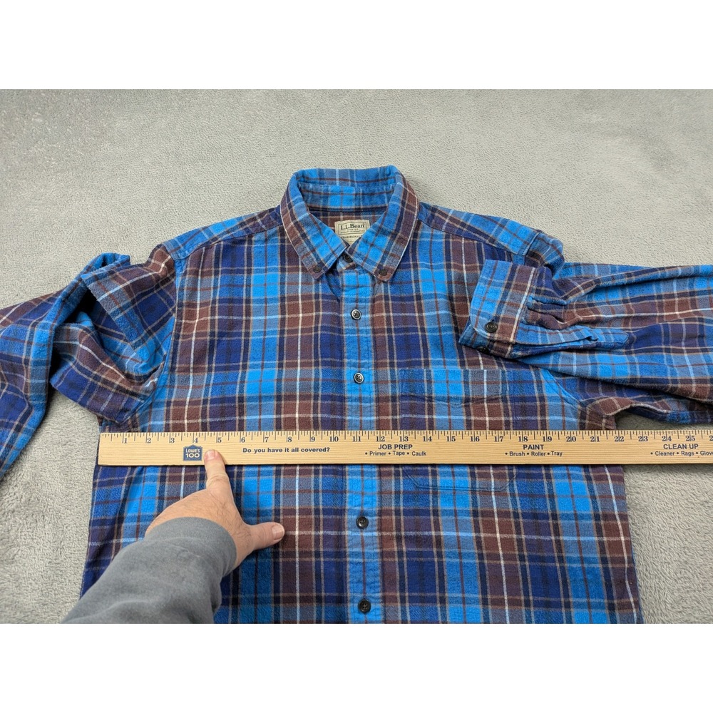 LL Bean Mens M Tall Flannel Shirt Traditional Fit Blue Brown Plaid Long Sleeve - Picture 5 of 10